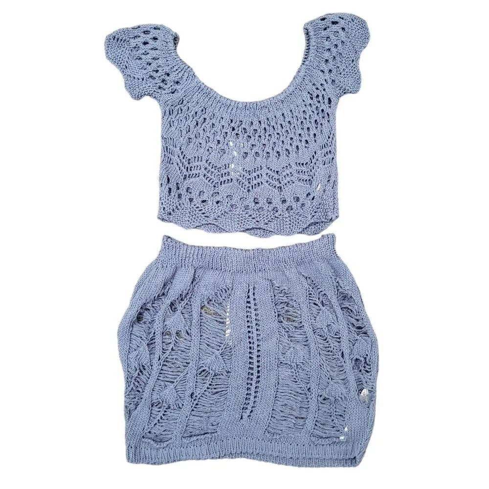 Women's PrettyLittleThing Petite Blue Crochet Knit Bardot Top and Skirt Set Sz 8